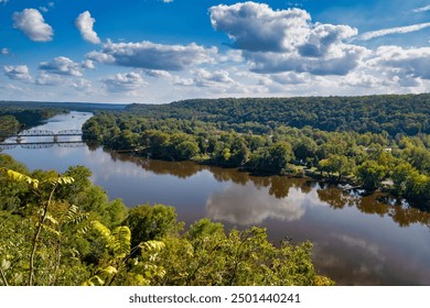 A view of the Delaware River and Upper Black Eddy - Milford Bridge from the Milford Bluffs in Holland Township, New Jersey.