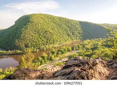 View of Delaware Water Gap from Mount Tammany in the evening. Mount Tammany is 1526 feet tall, and forms the east side of the Delaware Water Gap. 