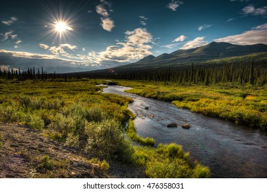 View Of Denali National Park In Alaska On A Nice Summer Day With The Sun Shining 