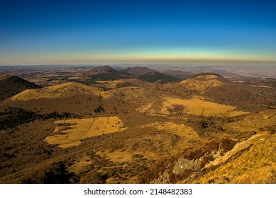 View Of The Chaîne Des Puys In Auvergne, Panoramic Of The Domes. Puy De Dome