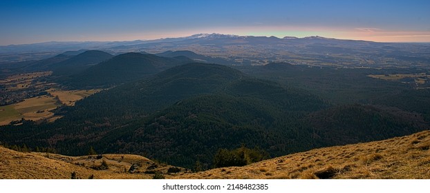 View Of The Chaîne Des Puys In Auvergne, Panoramic Of The Domes. Puy De Dome