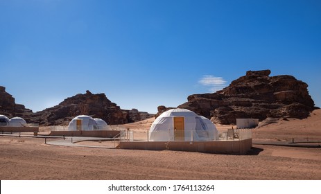 View Of Desert Camps And Luxury Bubble Tents At Wadi Rum, Valley Of The Moon, Jordan. Arabian Desert.