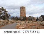 A view of the Desert View Watchtower, also known as the Indian Watchtower at Desert View,  a 70-foot-high stone building located on the South Rim of the Grand Canyon within Grand Canyon National Park