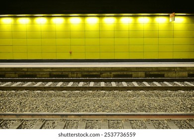 View of the deserted platform at the underground train station