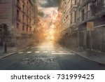 View of destruction city with fires and explosion over dramatic sky background
