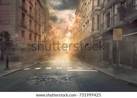 View of destruction city with fires and explosion over dramatic sky background