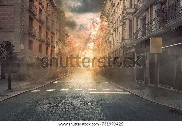 View of destruction city with fires and\
explosion over dramatic sky\
background