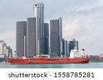 View of Detroit skyline with a ship from Windsor, Ontario