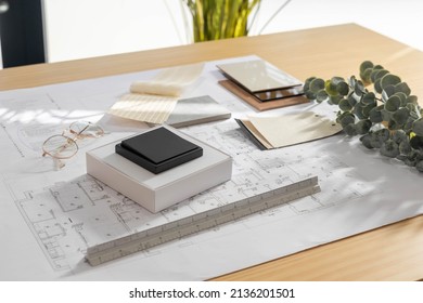 View of different material selection moodboard with samples - Shutterstock ID 2136201501