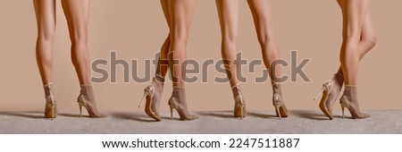 View from different sides of muscular female legs in high heel ankle boots with tinsel