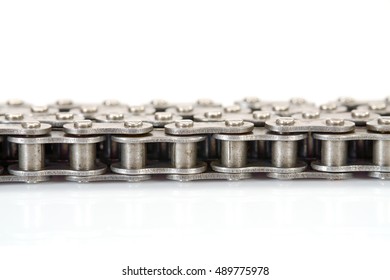 View Of Dirty Roller Chain On White Background.