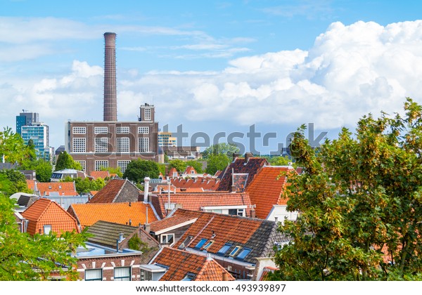 View of district heating\
plant and houses from Burcht, citadel in old town of Leiden,\
Netherlands
