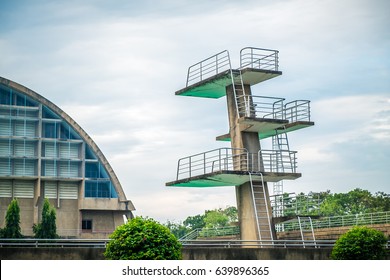 View Of Diving Board On The Blue Sky In Thailand. This Photo Can Be Used For Sport Concept.