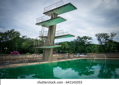 View Of Diving Board On The Blue Sky In Thailand. This Photo Can Be Used For Sport Concept.