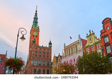 View of Dlugi Targ or the Long Market, the main tourist attraction of Gdansk, Poland. Many beautiful old houses including the Town Hall and Artus Court. - Shutterstock ID 1989793394