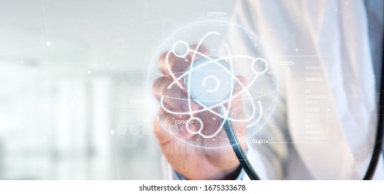 View of a Doctor holding an atom icon surrounded by data