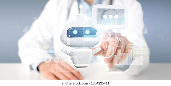 View of Doctor holding Chatbot with binary code, message and data 3d rendering