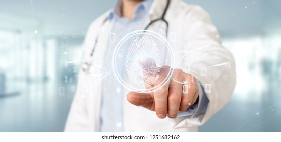 View of a Doctor holding a Digital fingerprint identification and binary code 3d rendering