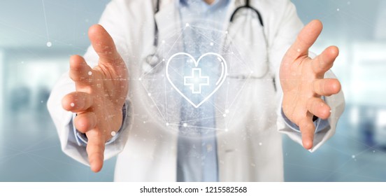View of a Doctor holding a medical cross in a heart 3d rendering