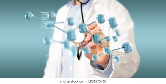 View of a Doctor touching a 3d molecule concept - 3d rendering - Shutterstock ID 1936875460