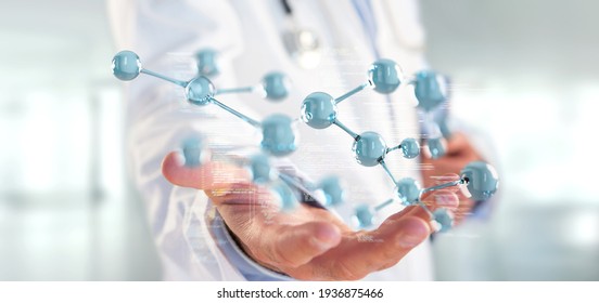 View of a Doctor touching a 3d molecule concept - 3d rendering - Shutterstock ID 1936875466