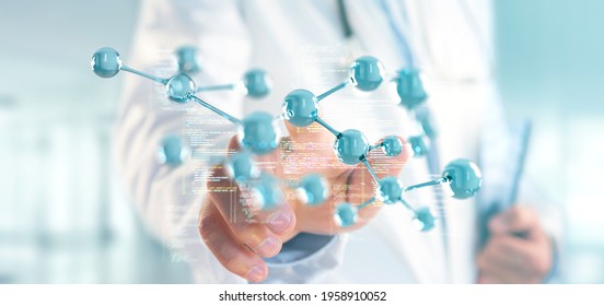 View of a Doctor touching a 3d molecule concept - 3d rendering - Powered by Shutterstock