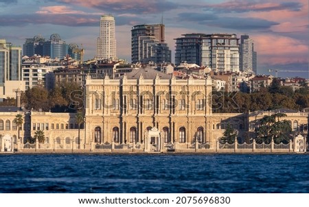 View of Dolmabahce Palace at sunset in Istanbul.
Dolmabahce Palace is located on the European coast of the Bosporus strait, Istanbul, Turkey. 