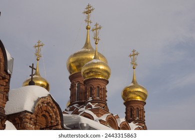 View of the domes with crosses of the Cathedral of the Icon of the Mother of God 