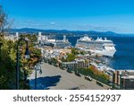 A view down from the Dufferin terrace towards the cruise terminal in Quebec city, Canada in the fall
