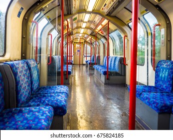 View Down Empty London Underground Train No People