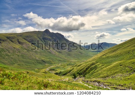 A view down the length of Great Langdale from Rossett ghyll, at the head of the valley. English Lake District.
