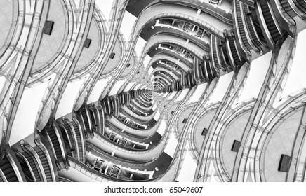 View down in a modern hall. Image looks like infinity twisted spiral.
