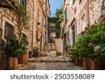 View down a narrow alley in Dubrovnik, Croatia