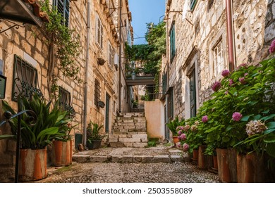 View down a narrow alley in Dubrovnik, Croatia - Powered by Shutterstock