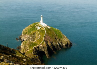 View down on South Stack light house on sunny morning. Anglesey, North Wales, United Kingdom.