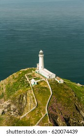View down on South Stack light house on sunny morning. Anglesey, North Wales, United Kingdom.