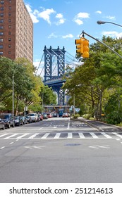 View Down Pike Street At The Manhattan Bridge In The Lower East Side, New York, NY, USA.