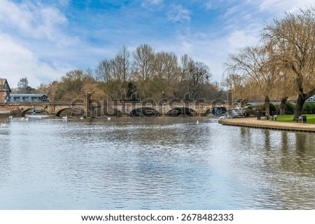 A view down the River Avon towards Bridge Foot in Stratford, UK in springtime