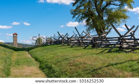 A view down the Sunken Road, or Bloody Lane, looking towards the observation tower, site of one of the bloodiest battles at Antietam National Battlefield in Sharpsburg, Maryland.
