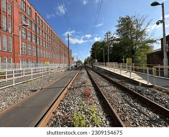 View down the, Shaw and Crompton tram line, on a spring day in, Shaw, Oldham, UK