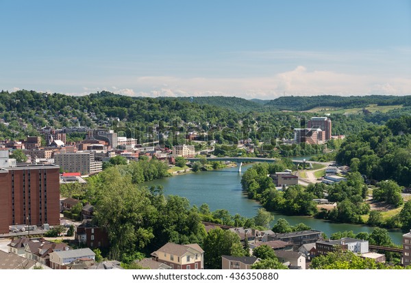 Downtown area of Morgantown, West Virginia stock photo showing WVU and the city itself