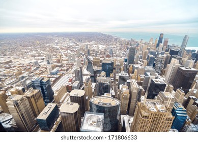 View of downtown Chicago with many building covered in ice and snow