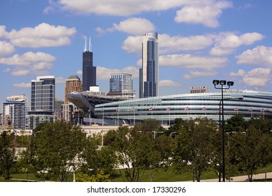 A View Of Downtown Chicago With Soldier Field Partially Visible.