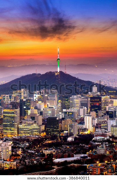 View of downtown cityscape and Seoul tower in\
Seoul, South Korea.