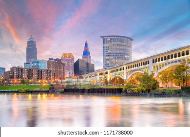 View Of Downtown Cleveland Skyline In Ohio USA At Sunset