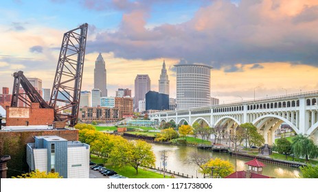 View Of Downtown Cleveland Skyline In Ohio USA At Sunset