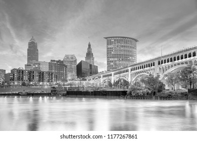 View Of Downtown Cleveland Skyline In Ohio USA At Sunset