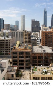 View Of Downtown LA Skyline Looking West At Skyscrapers. 