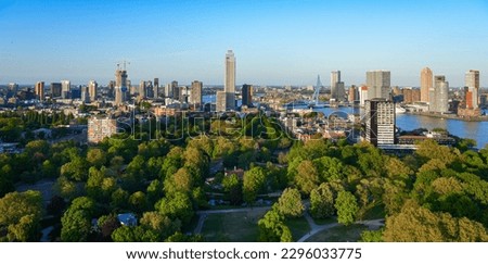 View of downtown Rotterdam from the top of the Euromast television tower - Modern skyscrapers and residential buildings by the river Meuse in the Netherlands