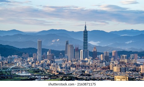 View Downtown Taipei, Taipei 101 And Nanhu Dashan (Central Mountains) From Jinmian Mountain At Sunrise